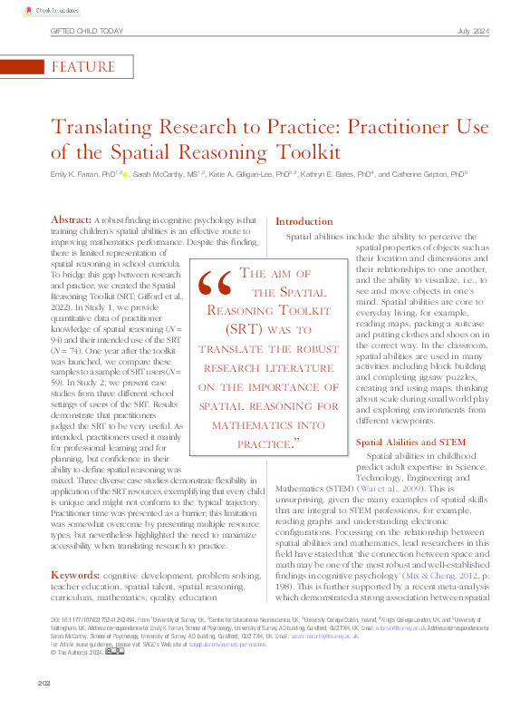 Translating Research to Practice: Practitioner Use of the Spatial Reasoning Toolkit Thumbnail