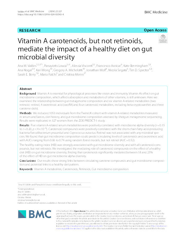 Vitamin A carotenoids, but not retinoids, mediate the impact of a healthy diet on gut microbial diversity Thumbnail