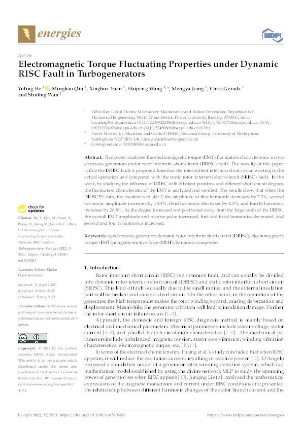 Electromagnetic Torque Fluctuating Properties under Dynamic RISC Fault in Turbogenerators Thumbnail