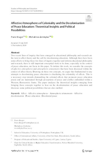 Affective Atmospheres of Coloniality and the Decolonisation of Peace Education: Theoretical Insights and Political Possibilities Thumbnail