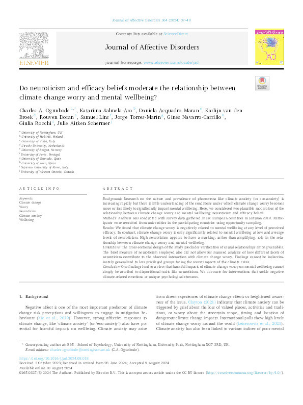 Do neuroticism and efficacy beliefs moderate the relationship between climate change worry and mental wellbeing? Thumbnail