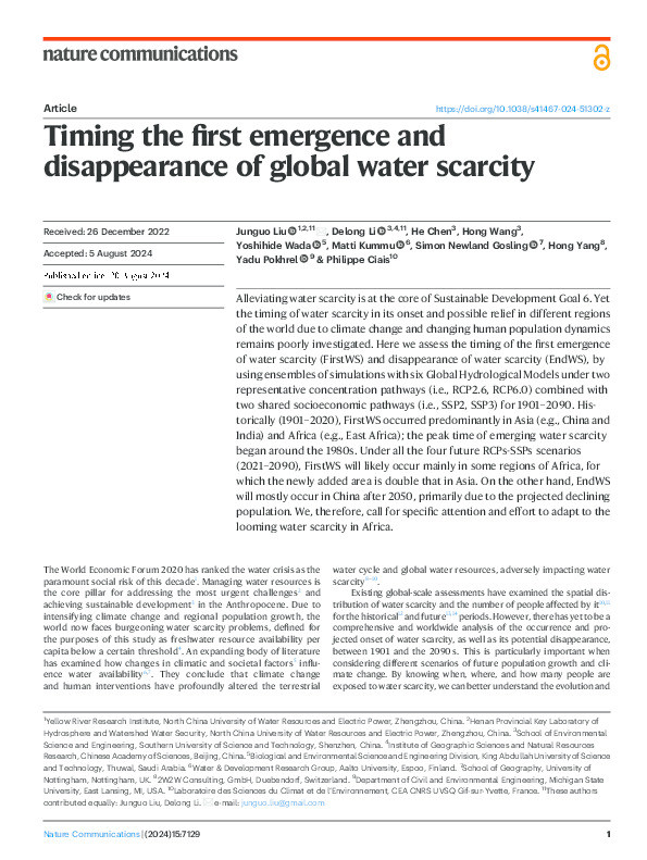 Timing the first emergence and disappearance of global water scarcity Thumbnail