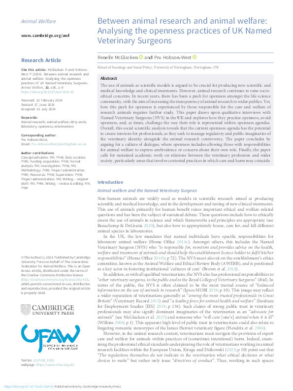 Between animal research and animal welfare: Analysing the openness practices of UK Named Veterinary Surgeons Thumbnail