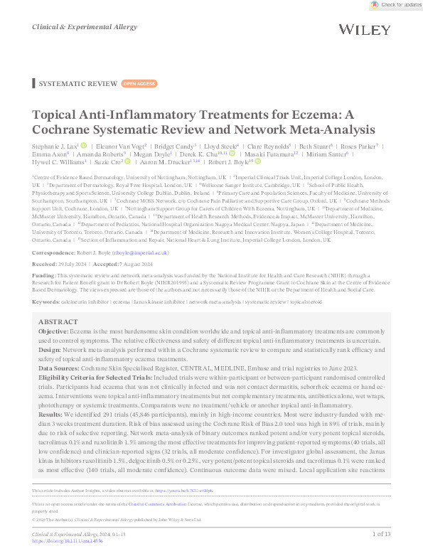 Topical anti-inflammatory treatments for eczema: a Cochrane systematic review and network meta-analysis Thumbnail