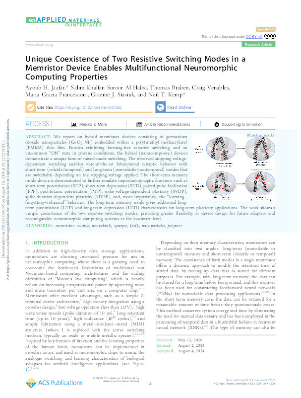 Unique Coexistence of Two Resistive Switching Modes in a Memristor Device Enables Multifunctional Neuromorphic Computing Properties Thumbnail