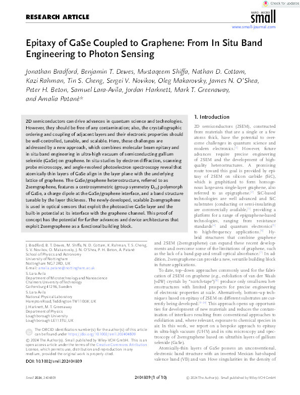 Epitaxy of GaSe Coupled to Graphene: From In Situ Band Engineering to Photon Sensing Thumbnail