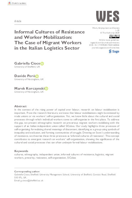 Informal Cultures of Resistance and Worker Mobilization: The Case of Migrant Workers in the Italian Logistics Sector Thumbnail