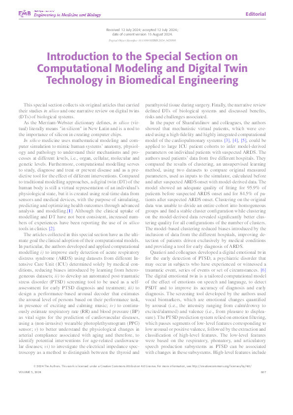 Introduction to the Special Section on Computational Modeling and Digital Twin Technology in Biomedical Engineering Thumbnail