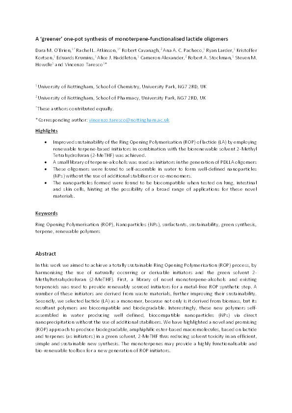 A ‘greener’ one-pot synthesis of monoterpene-functionalised lactide oligomers Thumbnail