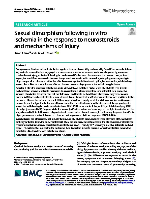 Sexual dimorphism following in vitro ischemia in the response to neurosteroids and mechanisms of injury Thumbnail