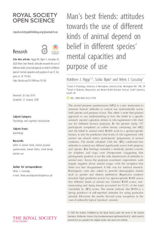 Man's best friends: attitudes towards the use of different kinds of animal depend on belief in different species' mental capacities and purpose of use Thumbnail