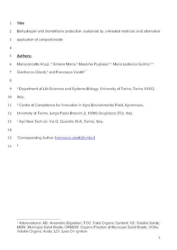 Biohydrogen and biomethane production sustained by untreated matrices and alternative application of compost waste Thumbnail