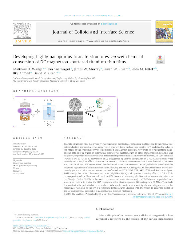 Developing highly nanoporous titanate structures via wet chemical conversion of DC magnetron sputtered titanium thin films Thumbnail