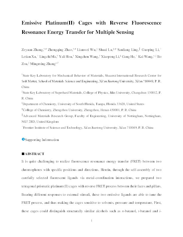 Emissive Platinum(II) Cages with Reverse Fluorescence Resonance Energy Transfer for Multiple Sensing Thumbnail