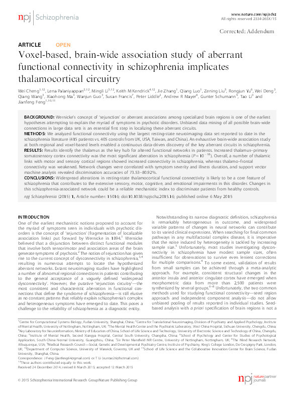 Voxel-based, brain-wide association study of aberrant functional connectivity in schizophrenia implicates thalamocortical circuitry Thumbnail