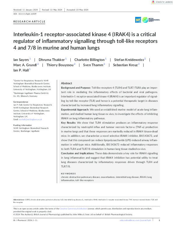 Interleukin‐1 receptor‐associated kinase 4 (IRAK4) is a critical regulator of inflammatory signalling through toll‐like receptors 4 and 7/8 in murine and human lungs Thumbnail