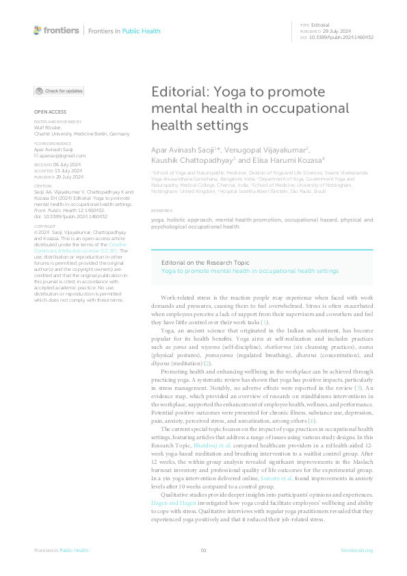 Editorial: Yoga to promote mental health in occupational health settings Thumbnail