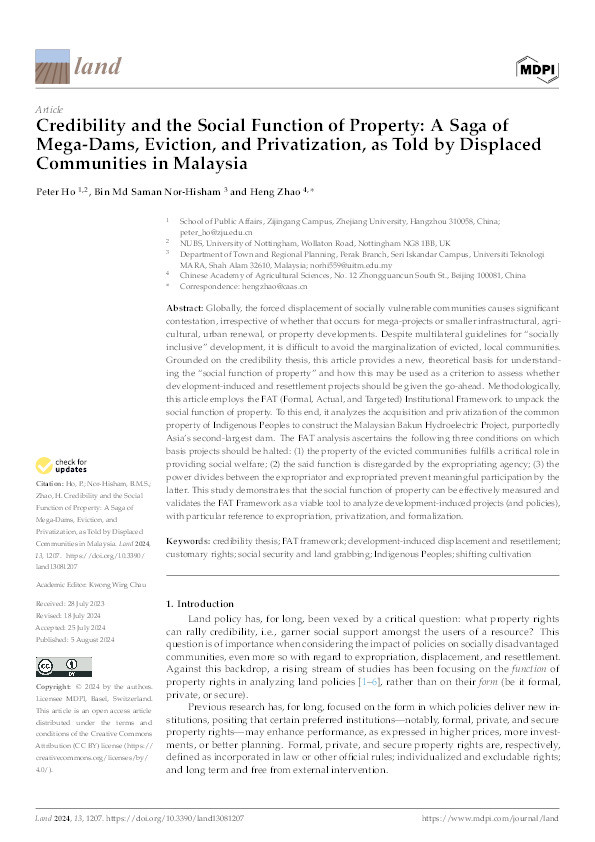 Credibility and the Social Function of Property: A Saga of Mega-Dams, Eviction, and Privatization, as Told by Displaced Communities in Malaysia Thumbnail