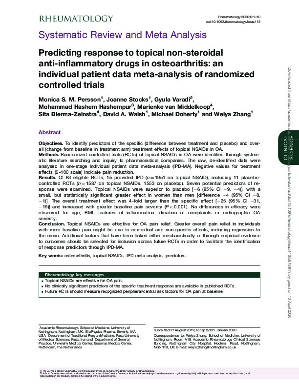 Predicting response to topical non-steroidal anti-inflammatory drugs in osteoarthritis: an individual patient data meta-analysis of randomized controlled trials Thumbnail