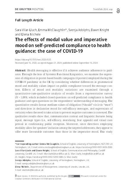 The effects of modal value and imperative mood on self-predicted compliance to health guidance: the case of COVID-19 Thumbnail