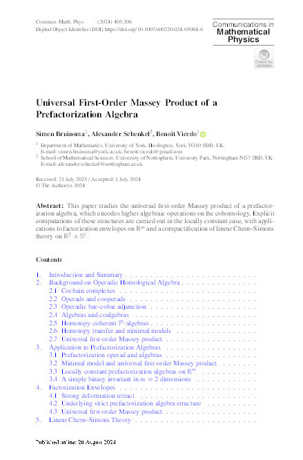 Universal First-Order Massey Product of a Prefactorization Algebra Thumbnail