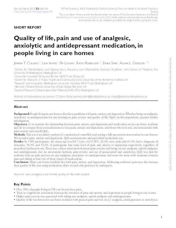 Quality of Life, Pain and Use of Analgesic, Anxiolytic and Antidepressant medication, in people living in care homes Thumbnail