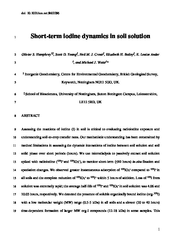 Short-Term Iodine Dynamics in Soil Solution Thumbnail