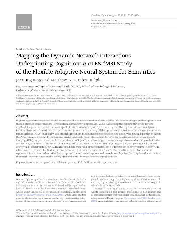 Mapping the Dynamic Network Interactions Underpinning Cognition: A cTBS-fMRI Study of the Flexible Adaptive Neural System for Semantics Thumbnail