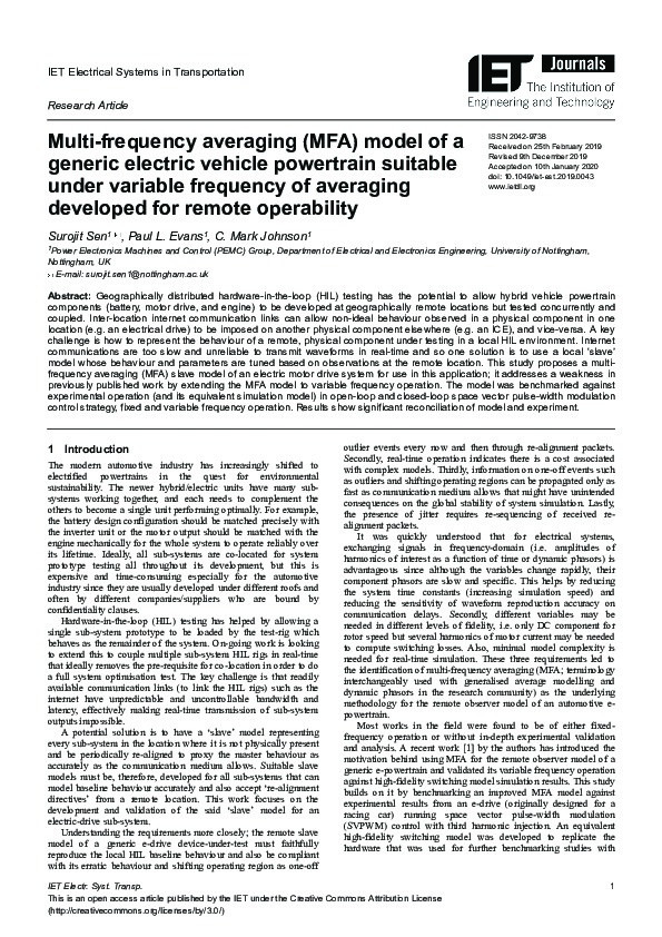 Multi?frequency averaging (MFA) model of a generic electric vehicle powertrain suitable under variable frequency of averaging developed for remote operability Thumbnail