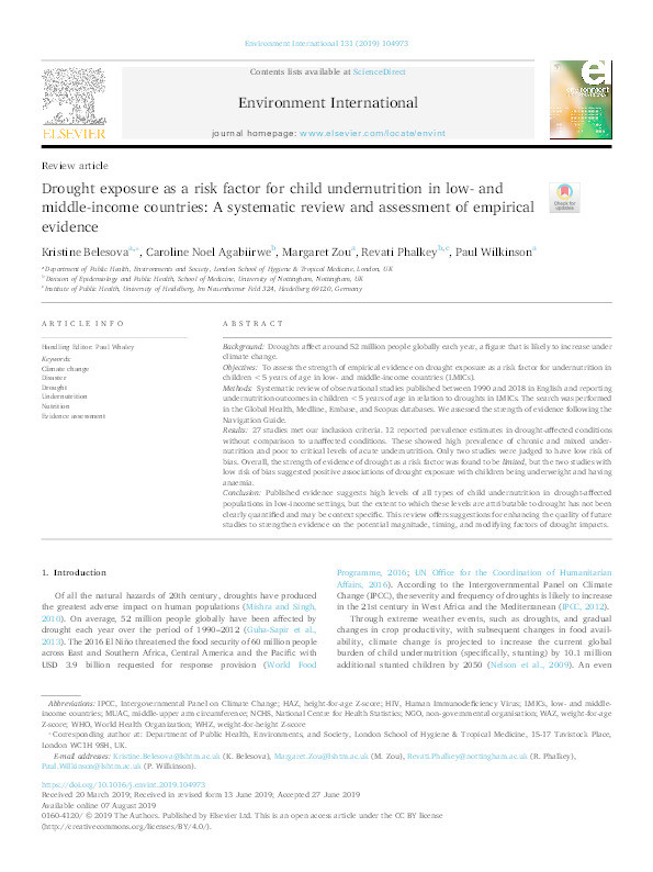 Drought exposure as a risk factor for child undernutrition in low- and middle-income countries: A systematic review and assessment of empirical evidence Thumbnail