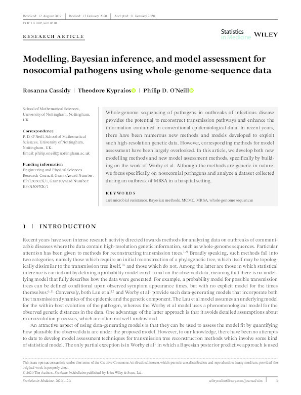 Modelling, Bayesian inference, and model assessment for nosocomial pathogens using whole?genome?sequence data Thumbnail