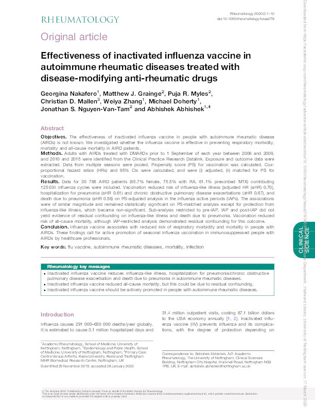 Effectiveness of inactivated influenza vaccine in autoimmune rheumatic diseases treated with disease-modifying anti-rheumatic drugs Thumbnail