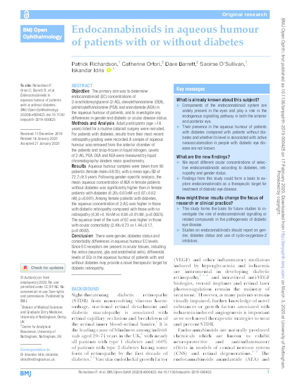 Endocannabinoids in aqueous humour of patients with or without diabetes Thumbnail