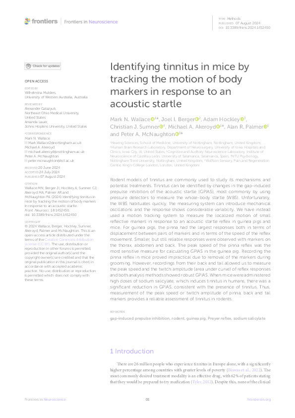 Identifying tinnitus in mice by tracking the motion of body markers in response to an acoustic startle Thumbnail