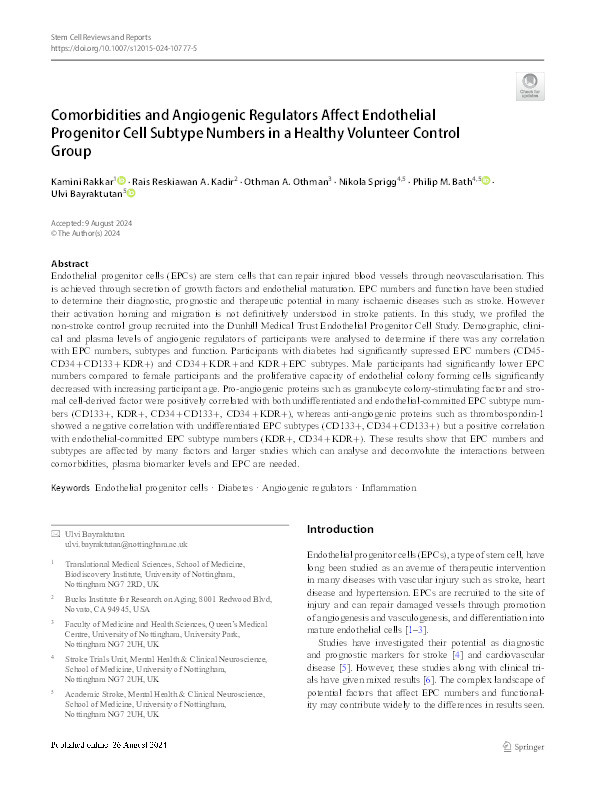 Comorbidities and Angiogenic Regulators Affect Endothelial Progenitor Cell Subtype Numbers in a Healthy Volunteer Control Group Thumbnail