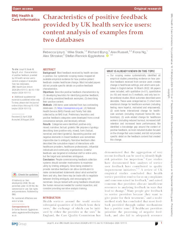 Characteristics of positive feedback provided by UK health service users: content analysis of examples from two databases Thumbnail