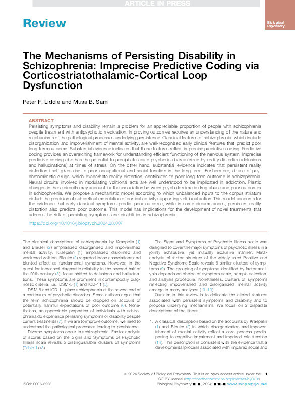 The Mechanisms of Persisting Disability in Schizophrenia: Imprecise Predictive Coding via Corticostriatothalamic-Cortical Loop Dysfunction Thumbnail