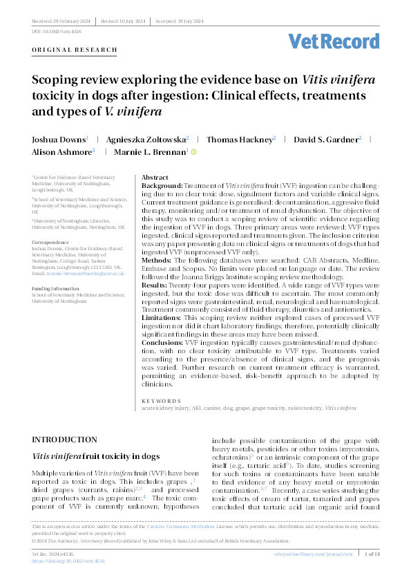 Scoping review exploring the evidence base on Vitis vinifera toxicity in dogs after ingestion: Clinical effects, treatments and types of V. vinifera Thumbnail