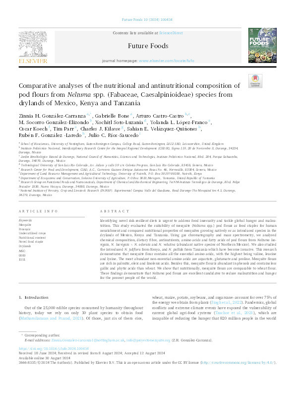 Comparative analyses of the nutritional and antinutritional composition of pod flours from Neltuma spp. (Fabaceae, Caesalpinioideae) species from drylands of Mexico, Kenya and Tanzania Thumbnail