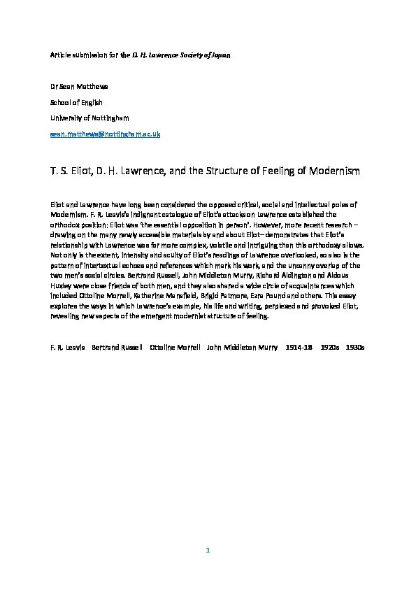 T. S. Eliot, D. H. Lawrence, and the Structure of Feeling of Modernism Thumbnail
