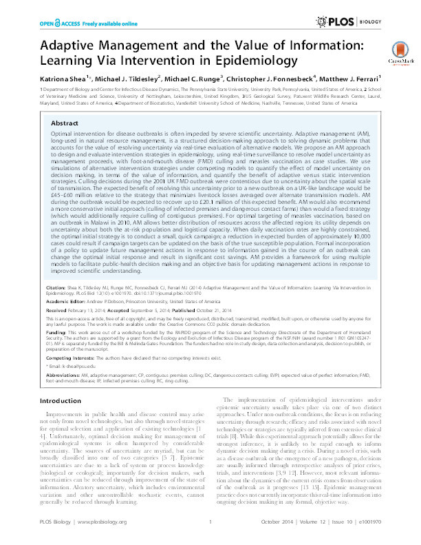 Adaptive Management and the Value of Information: Learning Via Intervention in Epidemiology Thumbnail