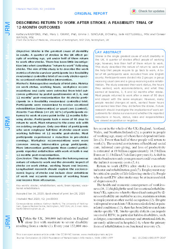 Describing return to work after stroke: A feasibility trial of 12-month outcomes Thumbnail