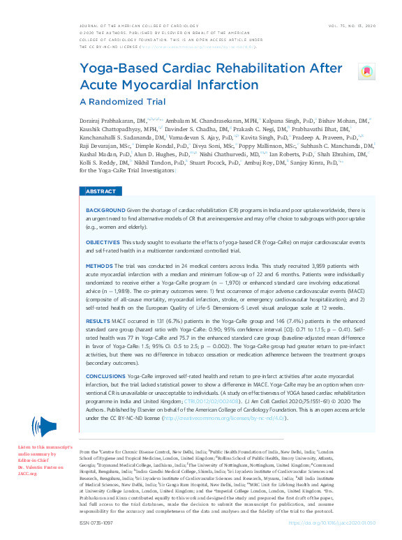 Yoga-Based Cardiac Rehabilitation After Acute Myocardial Infarction: A Randomized Trial Thumbnail