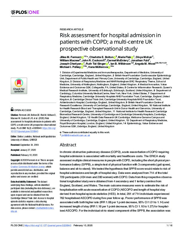 Risk assessment for hospital admission in patients with COPD; a multi-centre UK prospective observational study Thumbnail