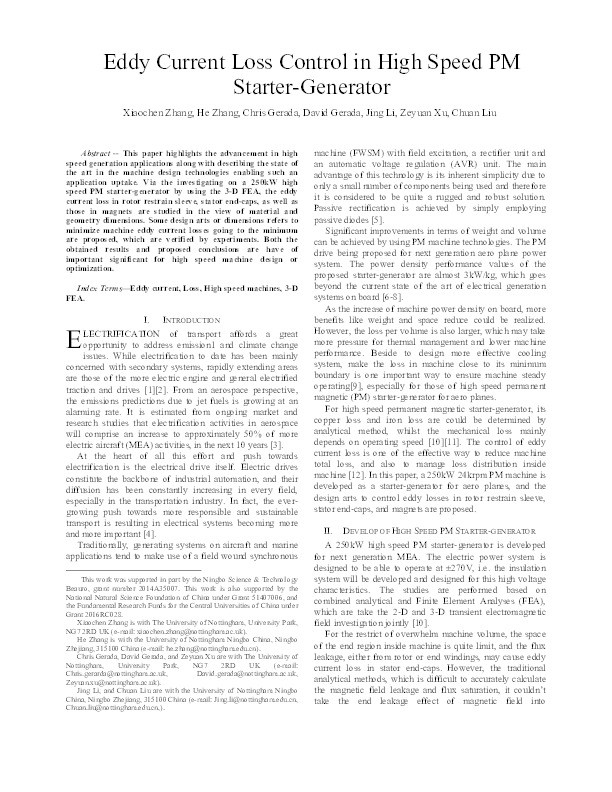 Eddy Current Loss Control in High Speed PM Starter-Generator Thumbnail