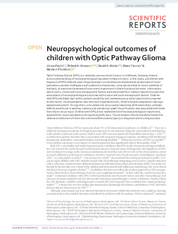 Neuropsychological outcomes of children with Optic Pathway Glioma Thumbnail