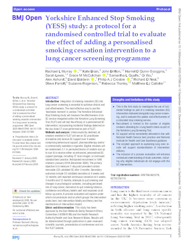 Yorkshire Enhanced Stop Smoking study (YESS): a protocol for a randomised controlled trial to evaluate the effect of adding a personalised smoking cessation intervention to a lung cancer screening programme Thumbnail