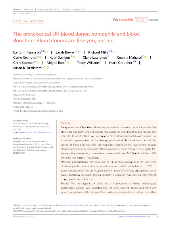 The prototypical UK blood donor, homophily and blood donation: Blood donors are like you, not me Thumbnail