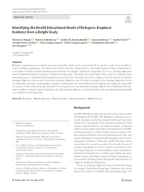 Identifying the Health Educational Needs of Refugees: Empirical Evidence from a Delphi Study Thumbnail