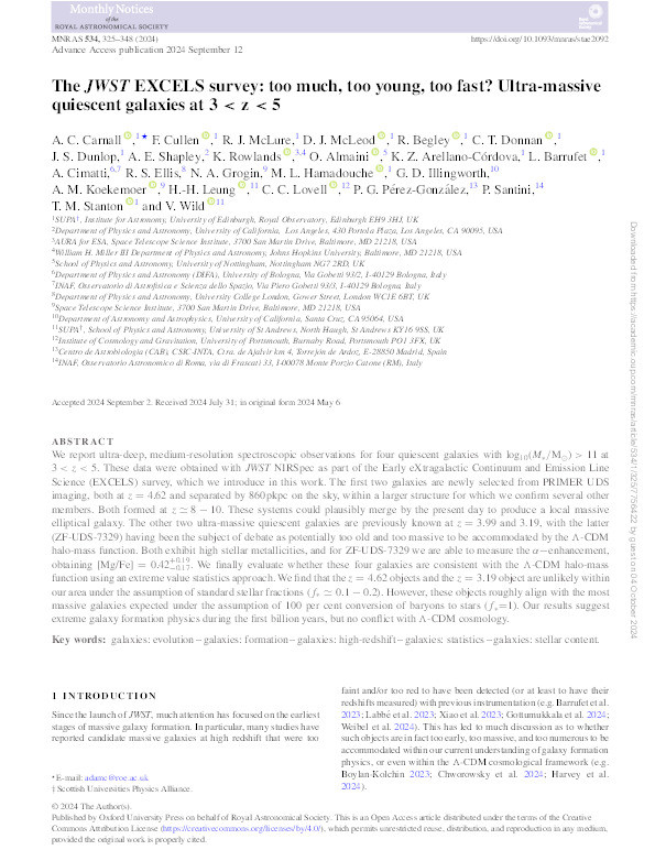 The JWST EXCELS survey: Too much, too young, too fast? Ultra-massive quiescent galaxies at 3 < z < 5 Thumbnail